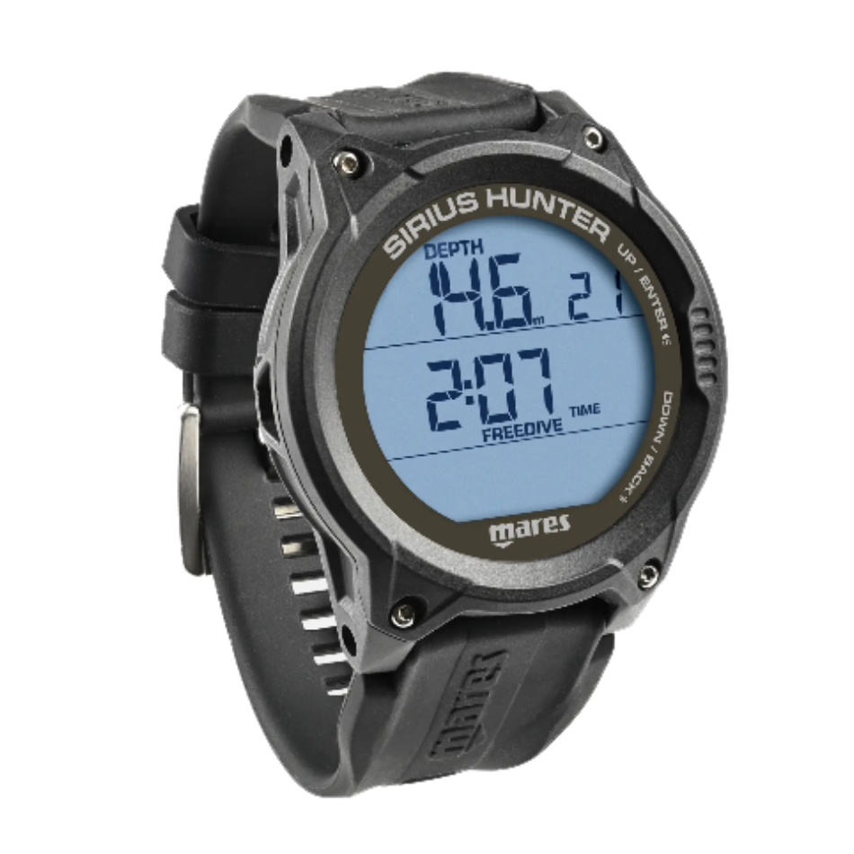 Computer per pesca subacquea e apnea Sirius Hunter di Mares con ampio display in vetro. Vista frontale